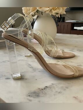Raye - Clear Strap Block Heel Sandals - Nude